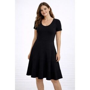 Lavia Black Short Sleeve Fit Flare Midi Dress Made in Italy Textured Hem Large